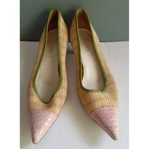 Prada Woven Raffia Pointed Toe Heels‎ Pink Leather Trim Dress Shoes